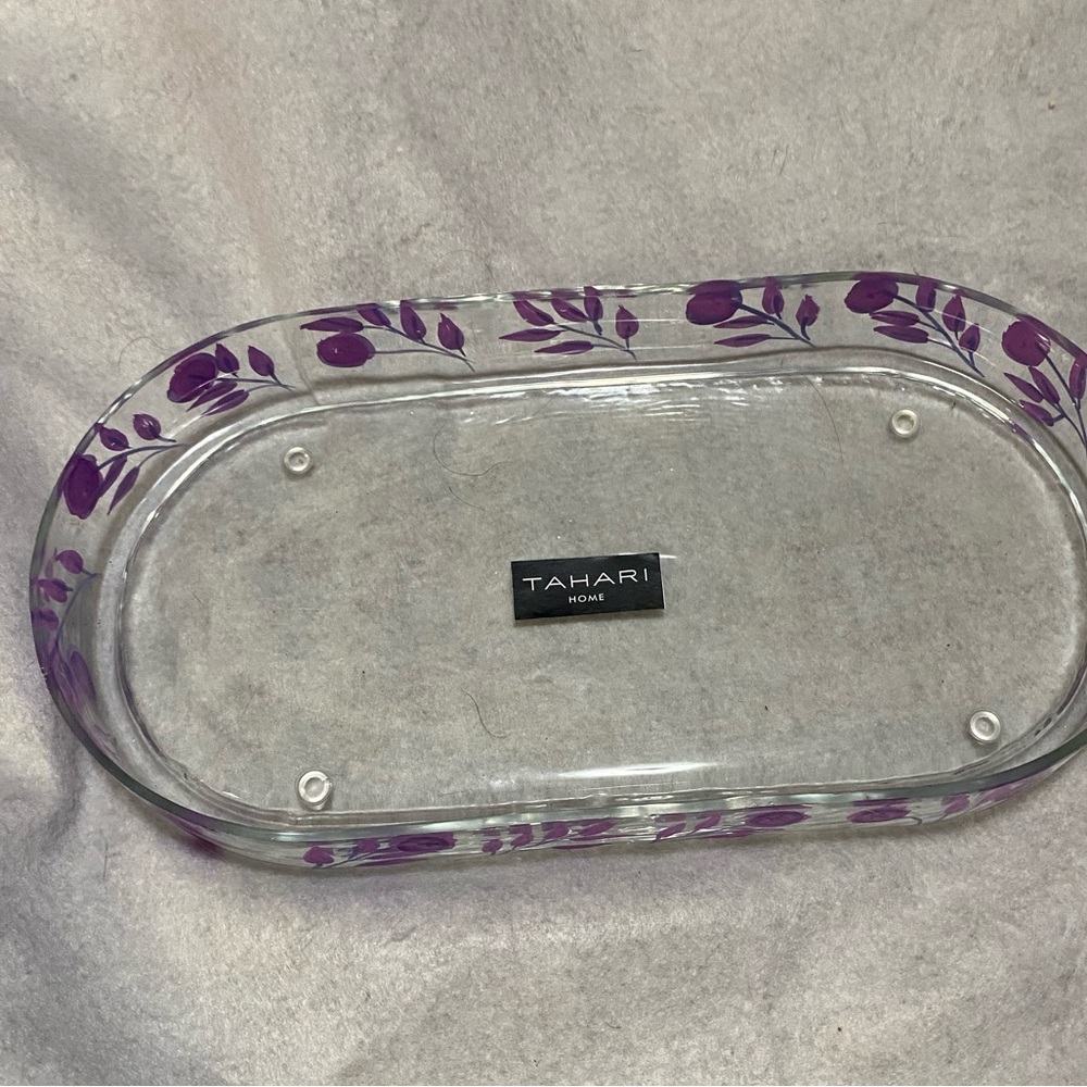 Tahari Home glass tray with painted purple flowers.